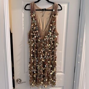 Nasty Gal Gold/Bronze Beaded Tassel Stars straight shift HTF SOLD OUT dress TTS